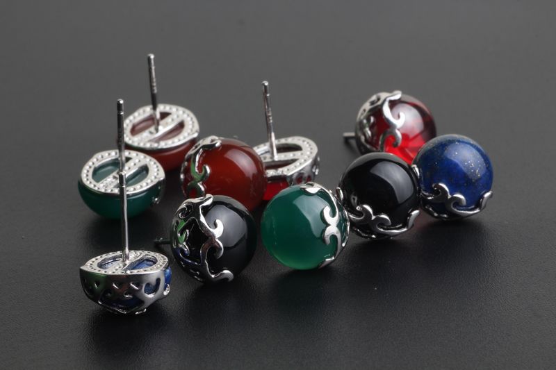 黑泰銀飾批發 s925純銀鑲石瑪瑙玉髓半包邊小巧時尚耳釘女式禮品