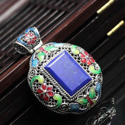 納福閣銀飾批發 泰國琺瑯掐絲工藝 925純銀鑲天然青金石泰銀吊墜 圖片_高清大圖 
