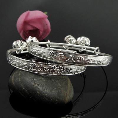 純銀龍鳳小花小孩手鐲 6mm時(shí)尚銀飾批發(fā)精選